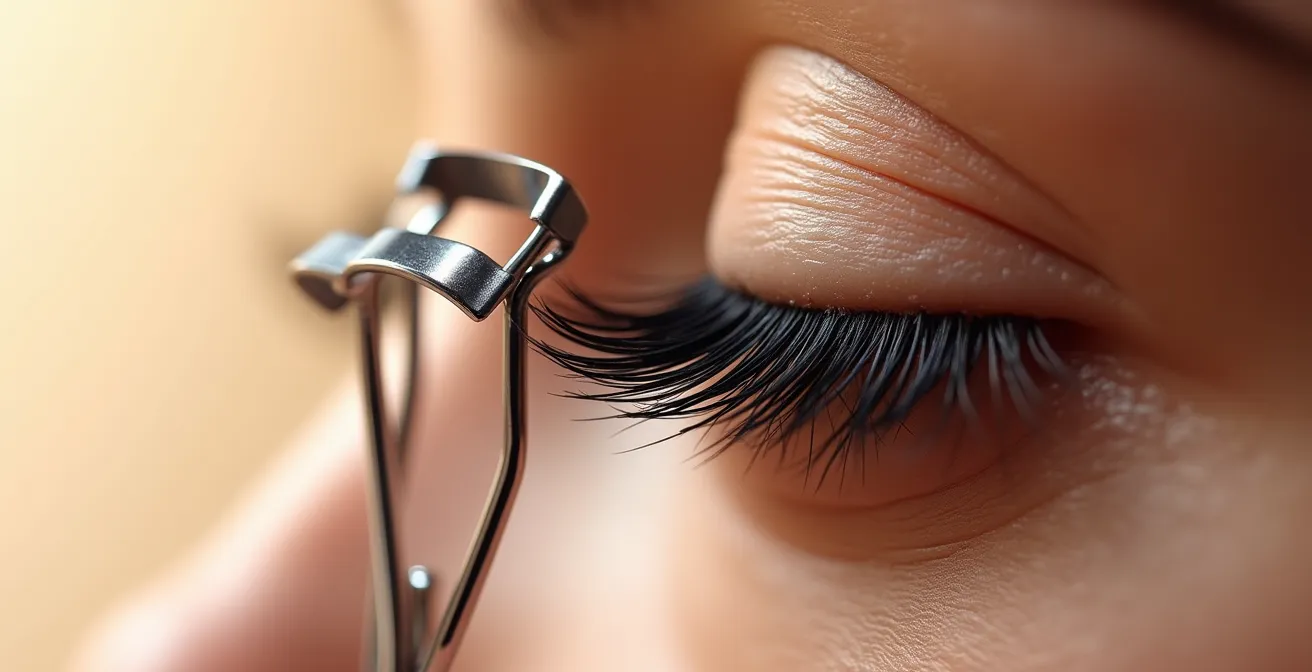 Makroaufnahme einer beheizbaren Wimpernzange im Einsatz