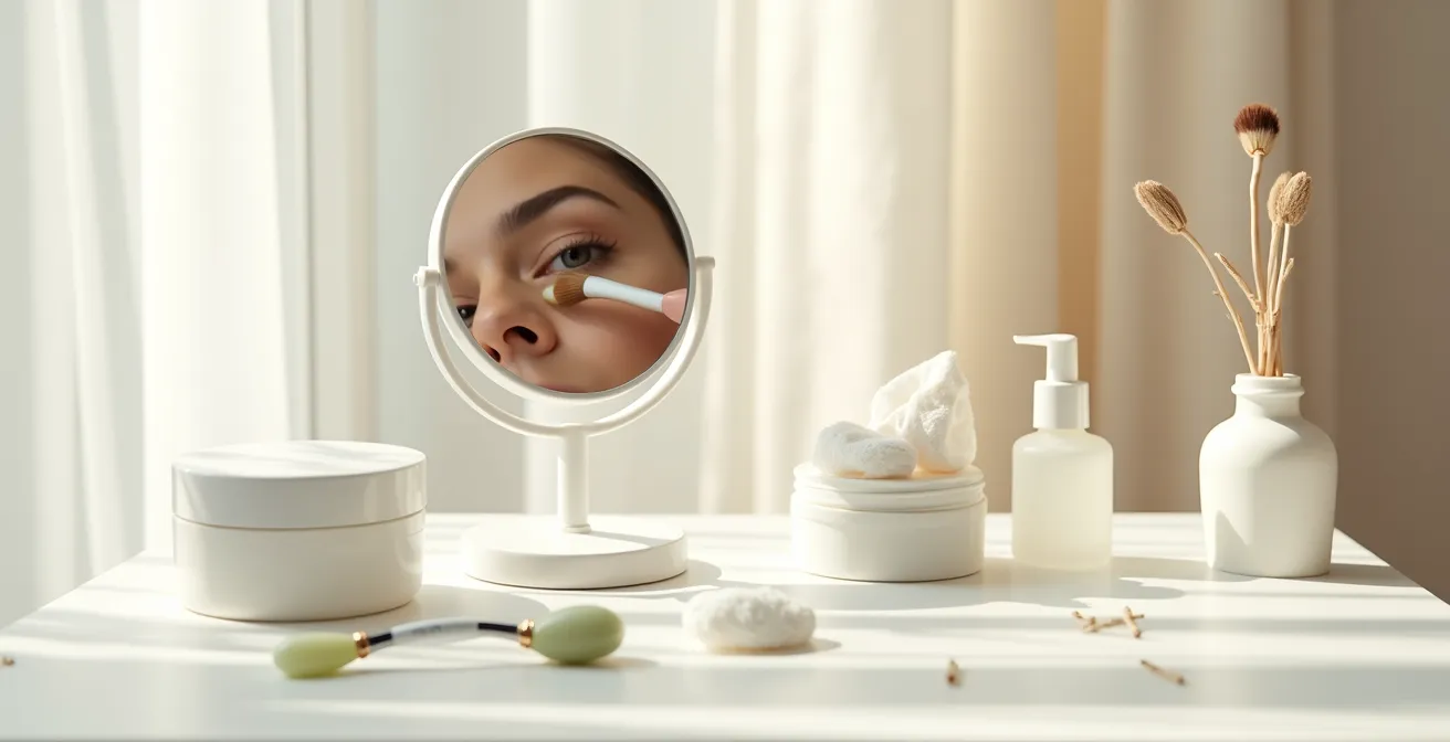 Weitwinkelaufnahme einer minimalistischen Beauty-Station mit Concealer-Anwendung