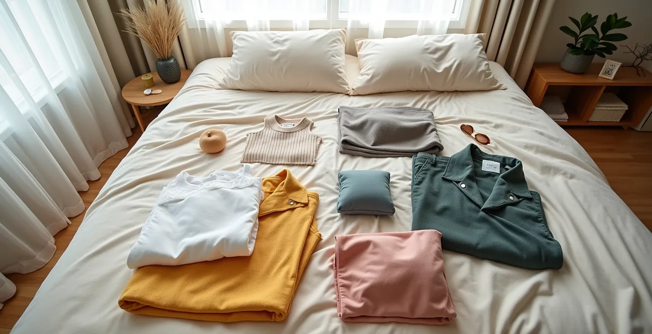 Übersichtlich arrangierte Kleidungsstücke auf einem Bett, fotografiert von oben, mit farblich sortierten Accessoires