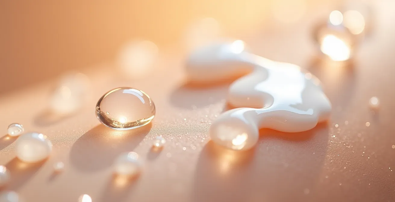 Makroaufnahme von emulgierendem Reinigungsöl, das auf der Haut zu einer milchigen Textur wird