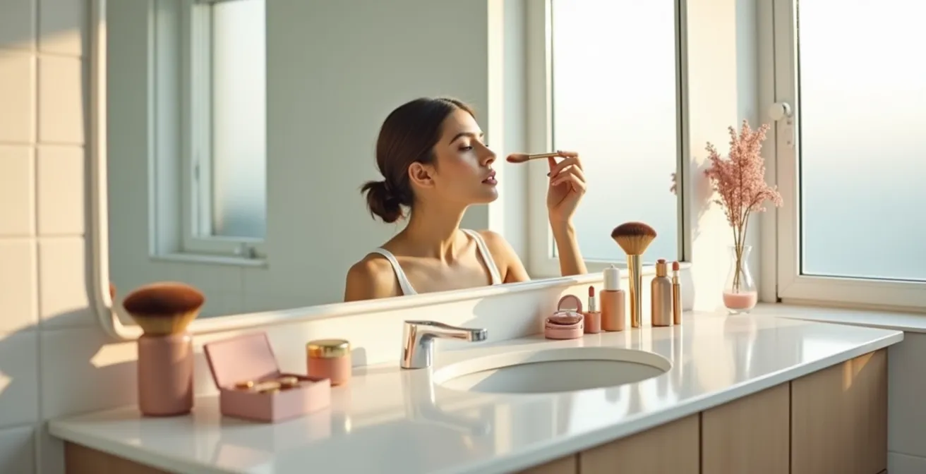 Demonstration der Draping-Technik mit Rouge an Schläfen und Wangenknochen