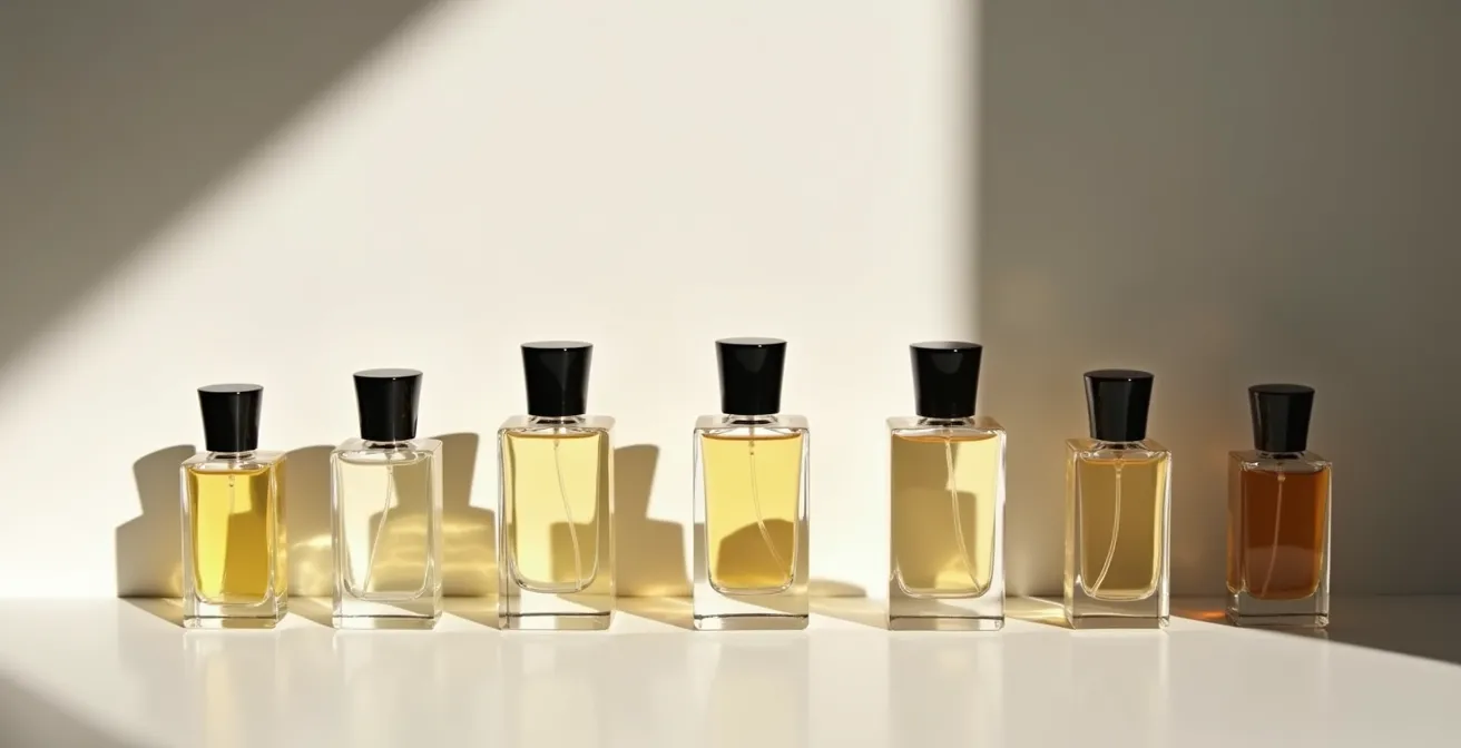 Minimalistische Darstellung verschiedener Parfumflakons als symbolischer Wochenrhythmus