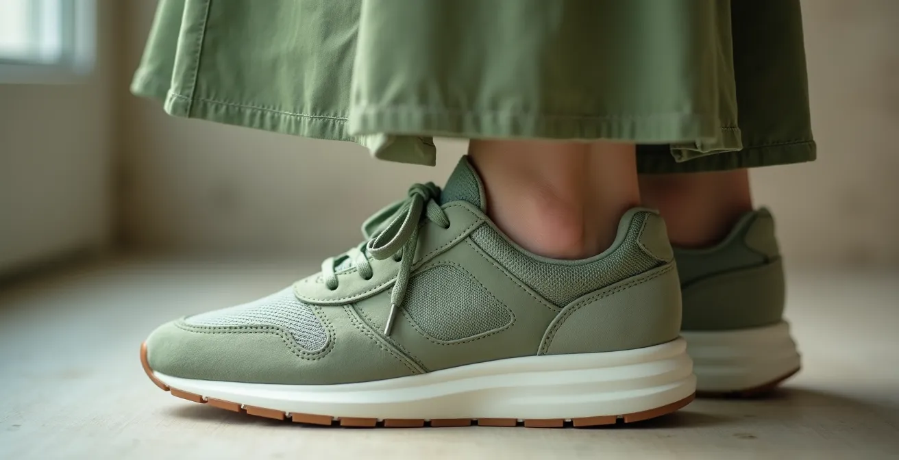 Detailaufnahme von minimalistischen Wildleder-Sneakern in Taupe zu einem fliessenden Midi-Kleid