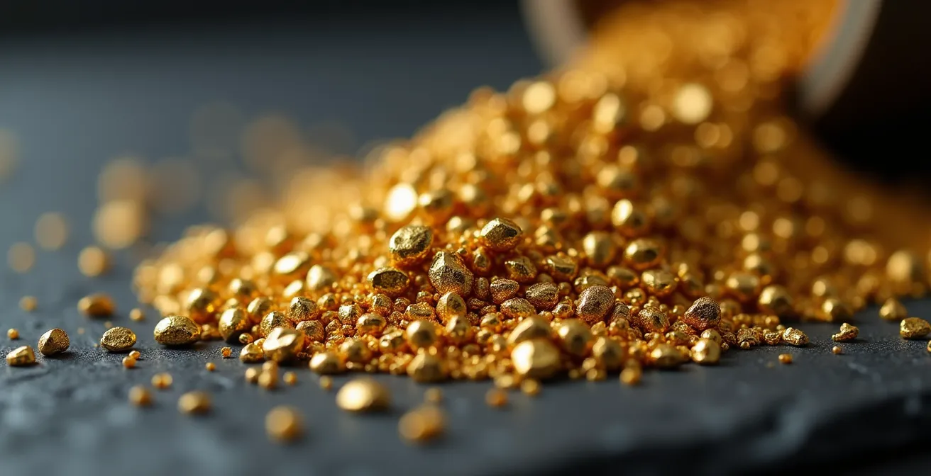 Makroaufnahme von recyceltem Goldgranulat neben Fairtrade-Zertifikat