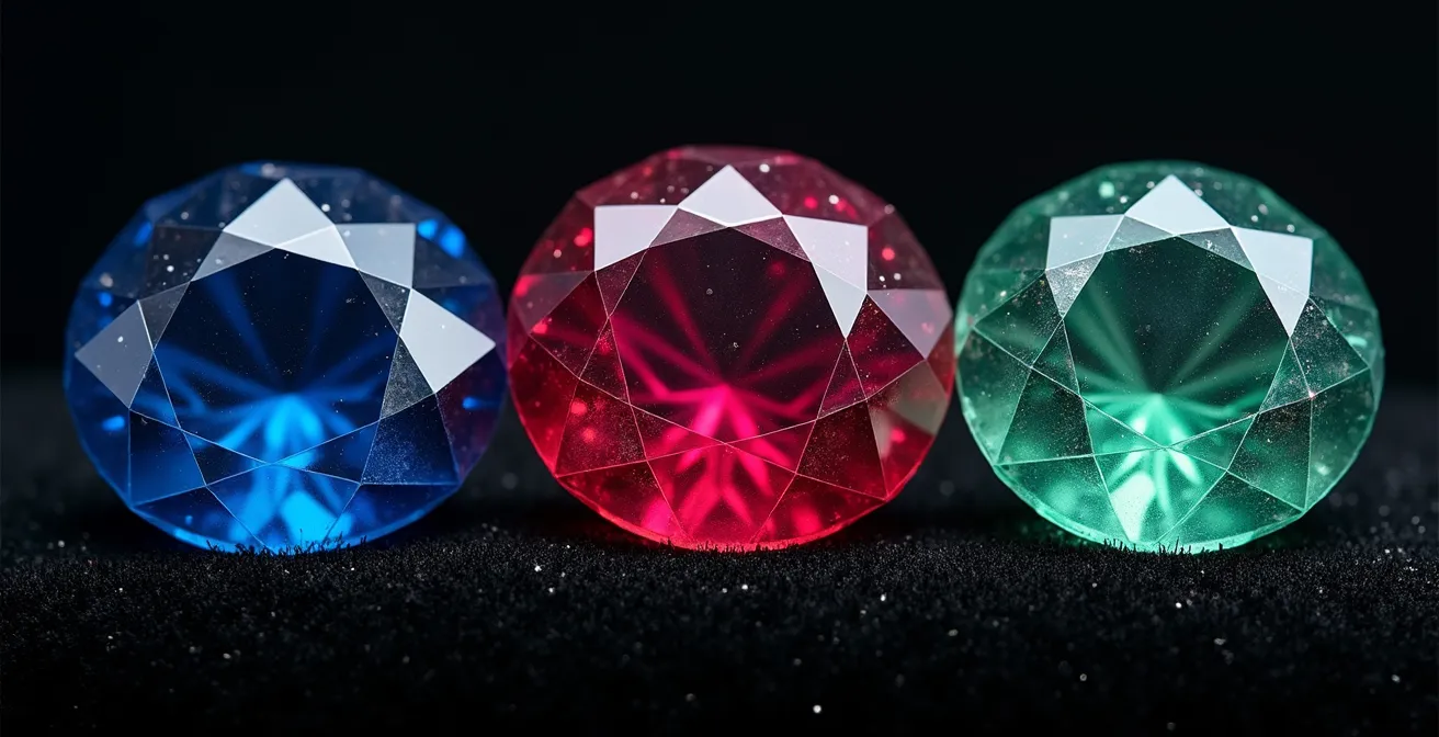 Makroaufnahme verschiedenfarbiger Edelsteine mit sichtbaren Texturen