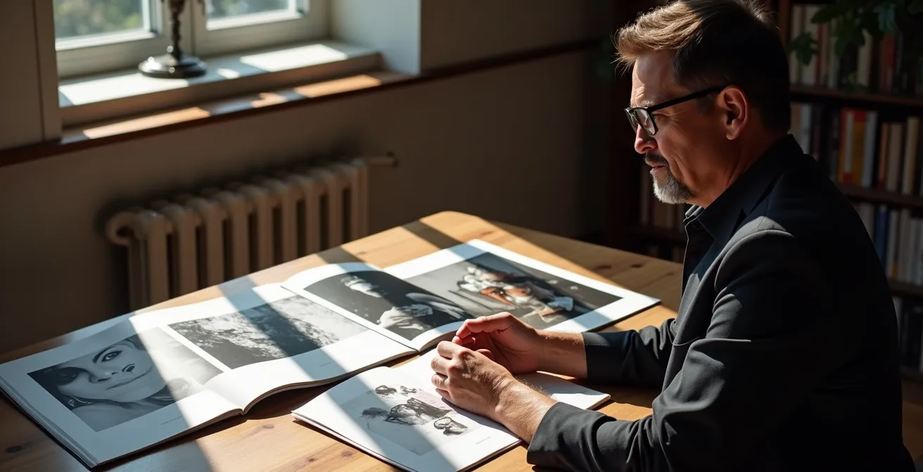 Ein Fotograf vergleicht nachdenklich künstlerische Schwarz-Weiss-Porträts mit kommerziellen, bunten Katalogbildern.