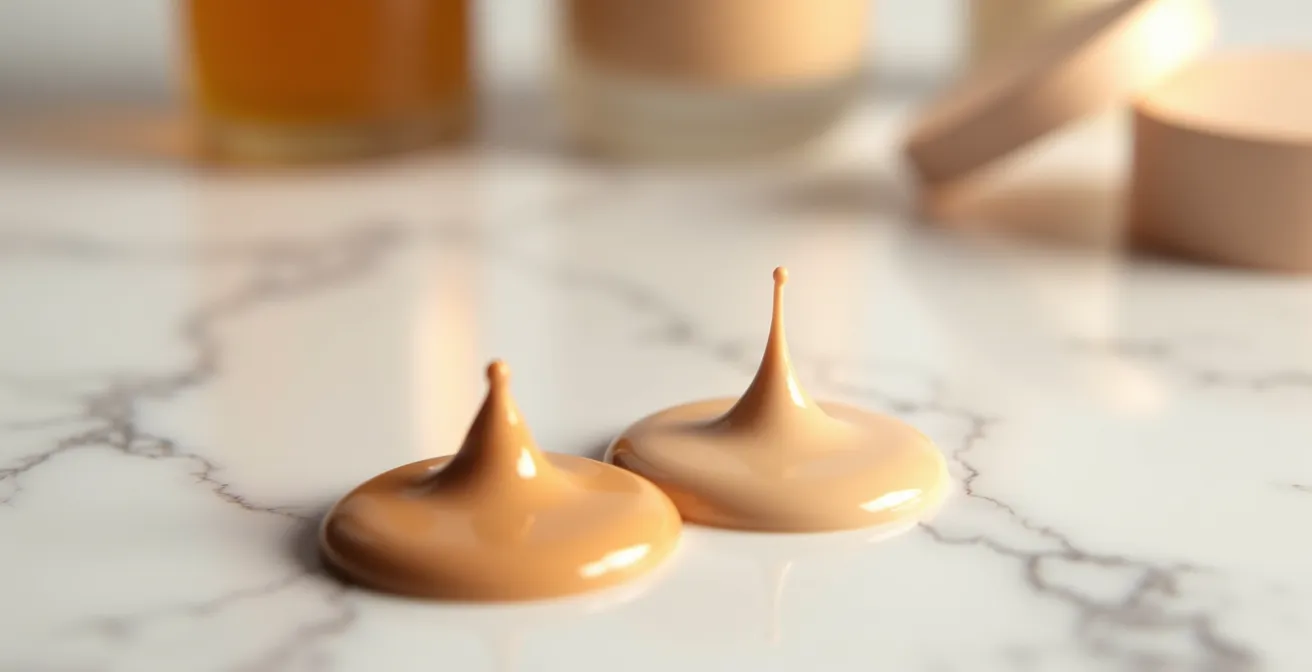 Makroaufnahme von Foundation-Tropfen mit Öl auf Handrücken