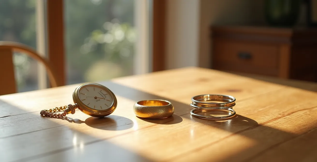 Verschiedene Goldtöne Schmuckstücke auf deutschem Eichentisch arrangiert