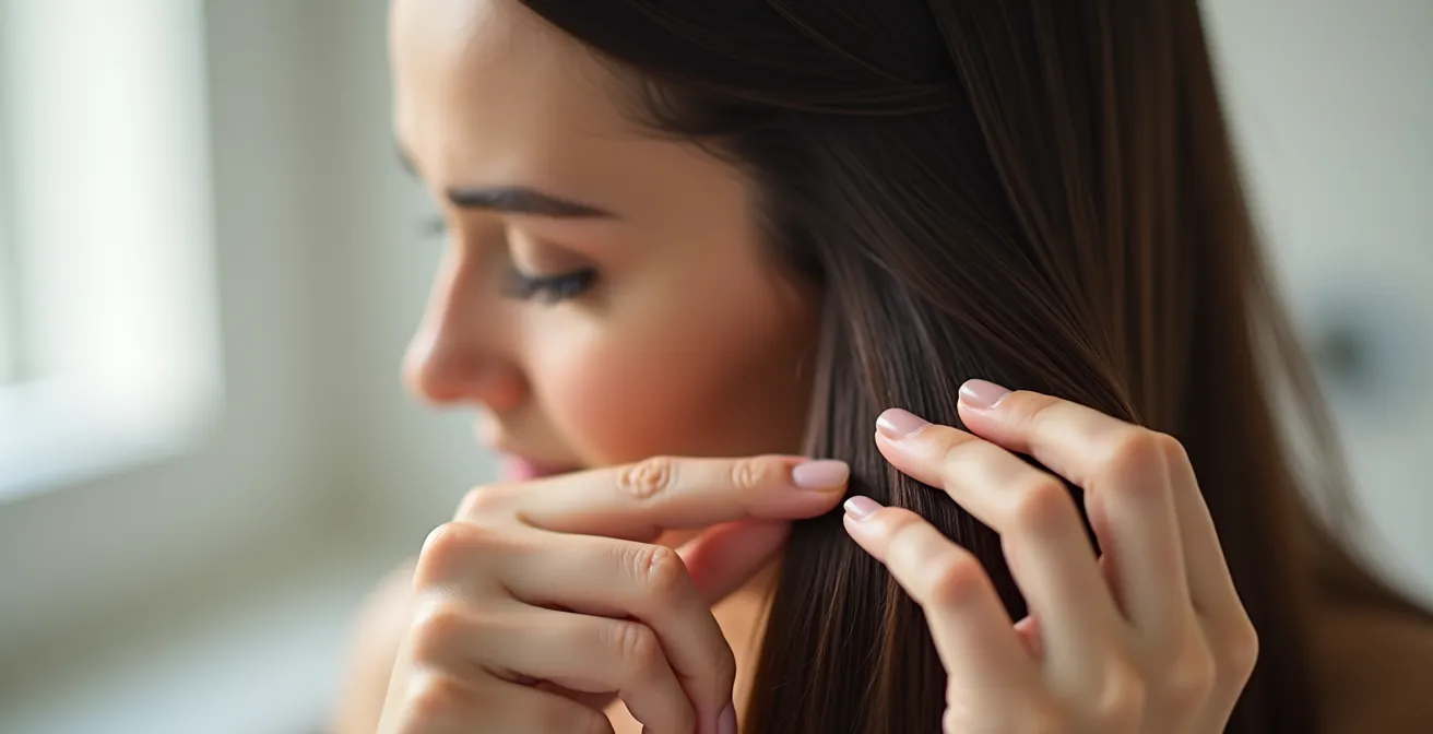 Nahaufnahme von Fingern, die sanft eine Haarsträhne zwischen Daumen und Zeigefinger gleiten lassen