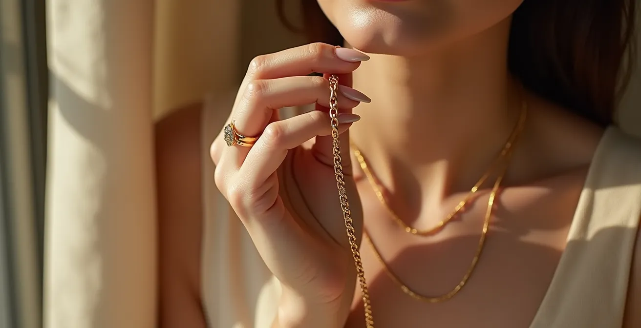 Hand prüft das Gewicht einer massiven Goldkette