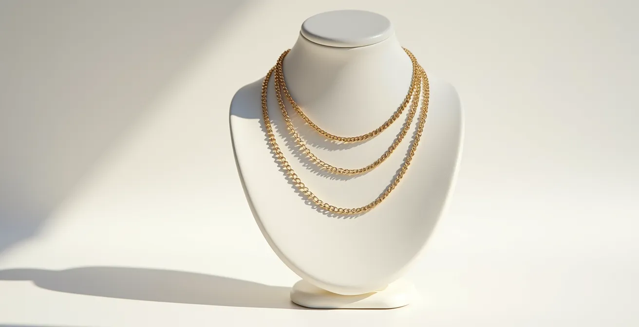 Drei verschiedene Goldketten im harmonischen Lagenlook