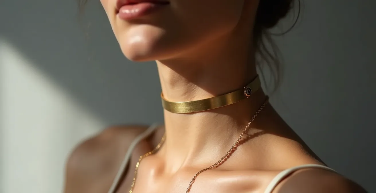 Minimalistischer Goldreif am Hals mit Fokus auf Gesichtskonturen