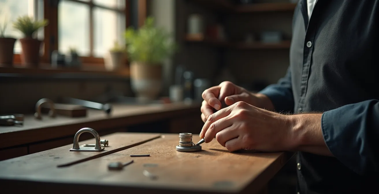 Goldschmied poliert Platinring in deutscher Werkstatt mit traditionellem Werkzeug