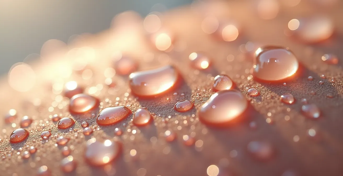 Makroaufnahme von hydratisierter Haut mit Wassertropfen