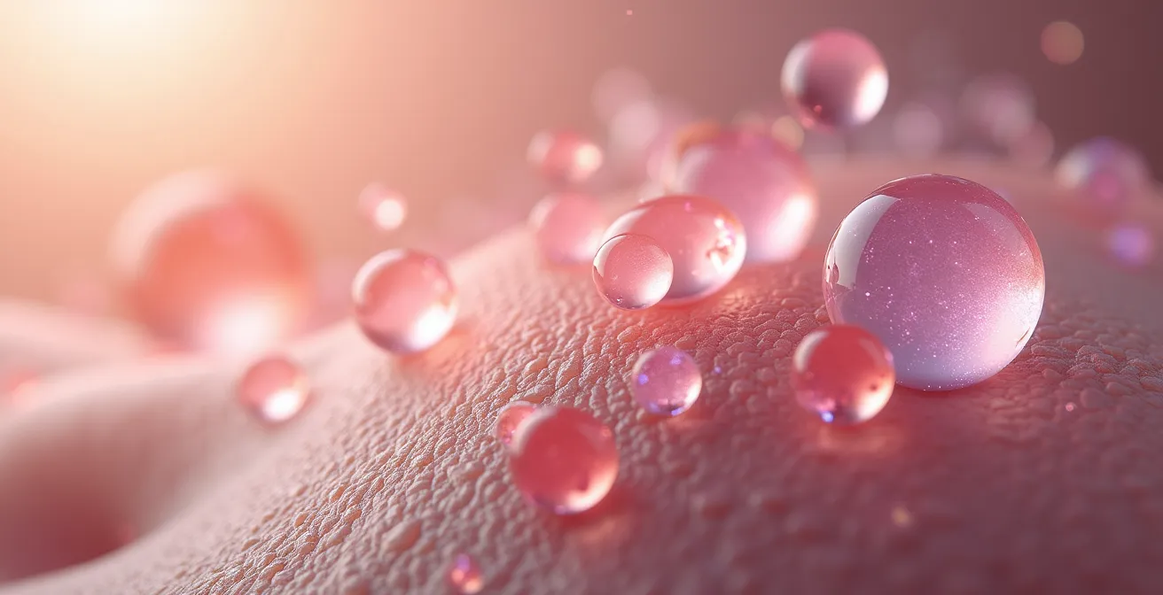 Makroaufnahme von Haut mit abstrakten Duftmolekülen, die die individuelle Duftentwicklung symbolisieren