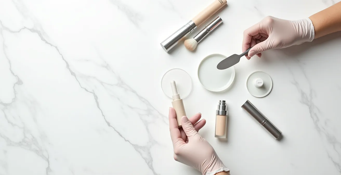 Professionelle Darstellung hygienischer Concealer-Anwendung mit separaten Werkzeugen