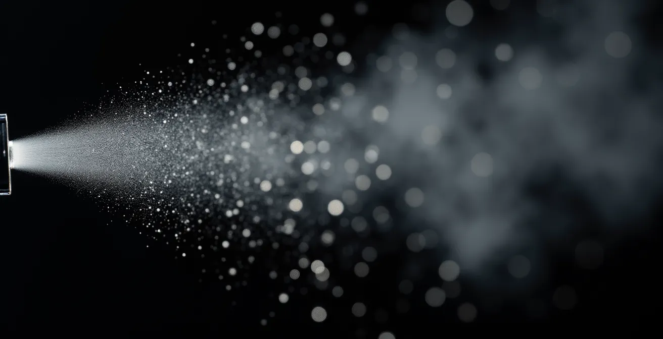Makroaufnahme von Parfumzerstäubung mit sichtbaren Duftpartikeln in der Luft