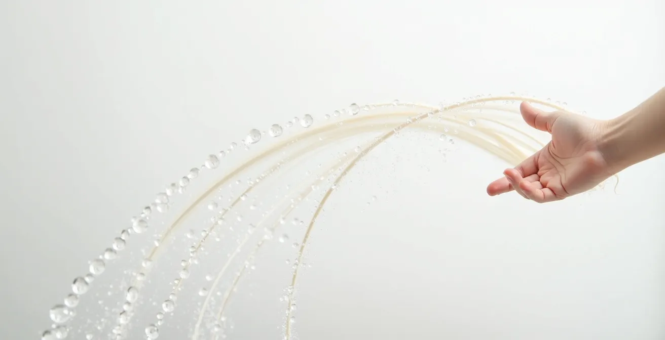 Wassertropfen perlen von blondem Haar ab und demonstrieren einen unsichtbaren Schutzfilm gegen Mineralablagerungen.