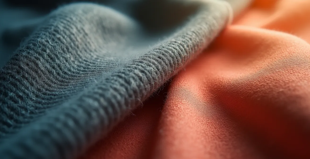 Detailaufnahme von Kaschmir und Seide mit professioneller Beleuchtung, die die unterschiedlichen Texturen hervorhebt