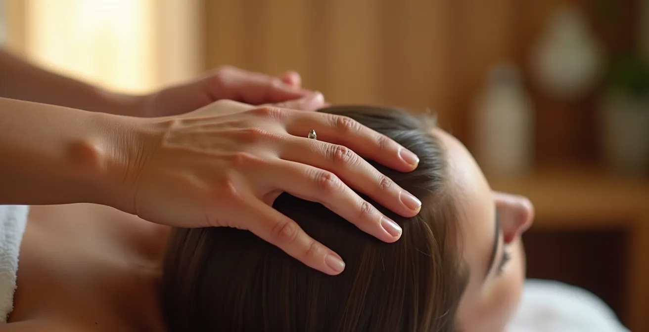 Nahaufnahme von Händen bei sanfter Kopfhautmassage mit kreisenden Bewegungen