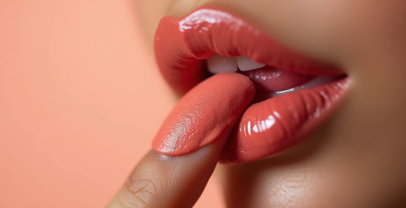 Makroaufnahme der Anwendung von Lippenstift als Rouge auf der Wange