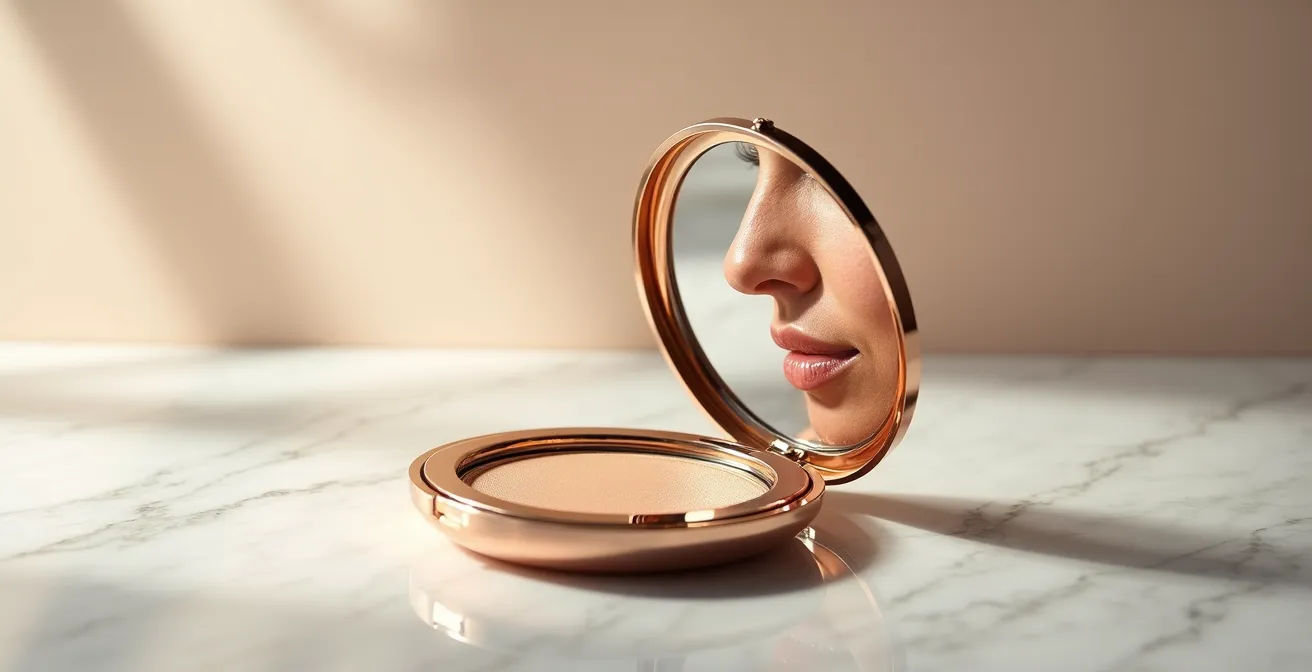 Split-Screen Vergleich zwischen retouchiertem Kampagnenbild und natürlicher Haut