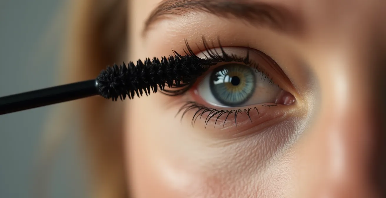 Detailaufnahme der Zickzack-Bewegung beim Mascara-Auftrag für perfekte Wimperntrennung