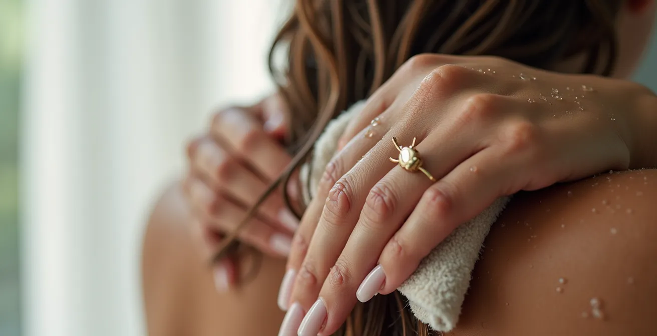 Nahaufnahme von Händen mit Mikrofaserhandtuch, die nasses Haar sanft abtupfen