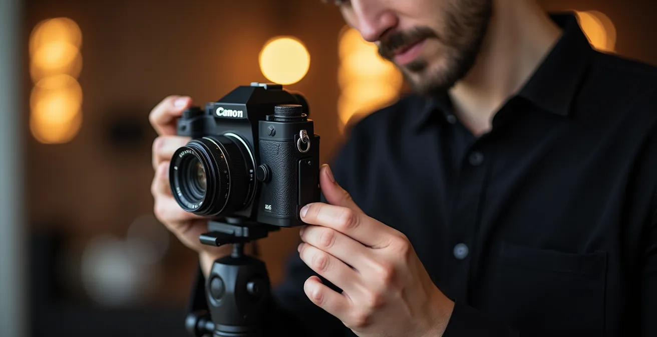 Detailaufnahme einer Mittelformatkamera im professionellen Fotostudio-Setup