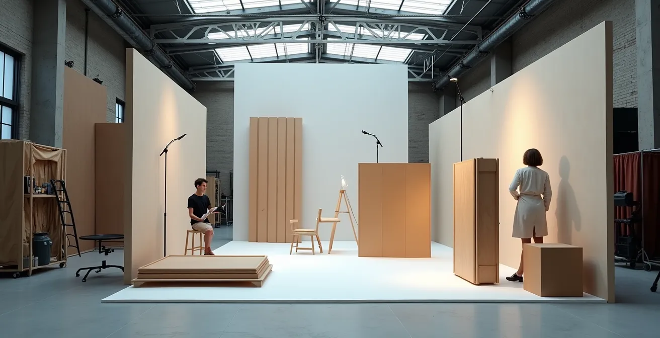 Ein weites, modulares Studio-Setup, das aus wiederverwendbaren geometrischen Elementen für ein Fashion-Shooting besteht.