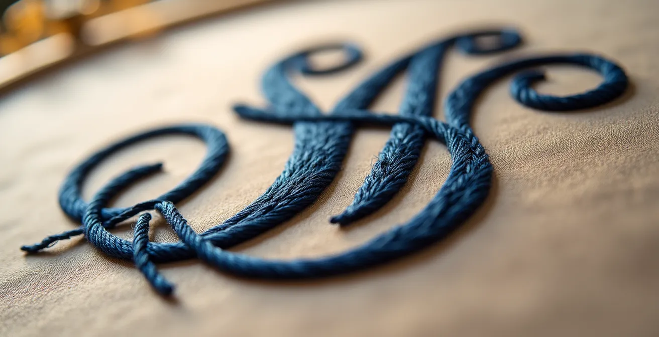 Makroaufnahme einer eleganten Monogramm-Stickerei auf Seide