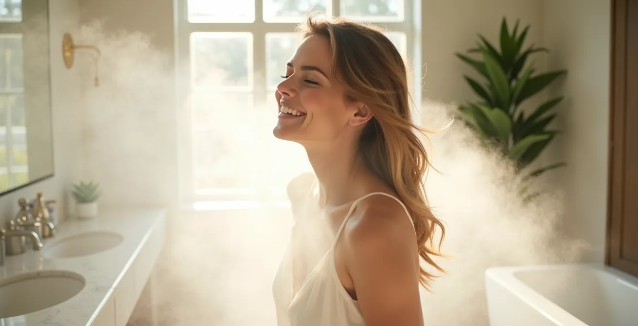 Eine Frau, die in einem hellen Badezimmer durch einen feinen Sprühnebel aus Haarparfum geht und den Duft geniesst.