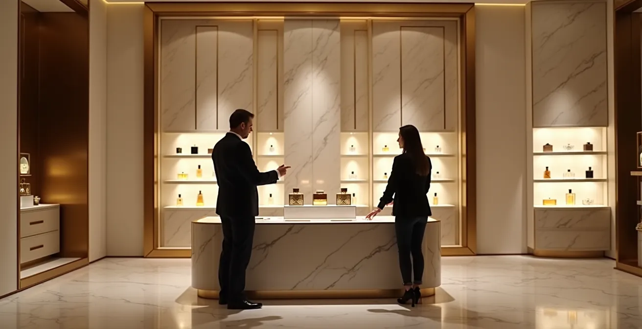 Elegante Parfümerie-Szene mit Beratungssituation ohne erkennbare Gesichter