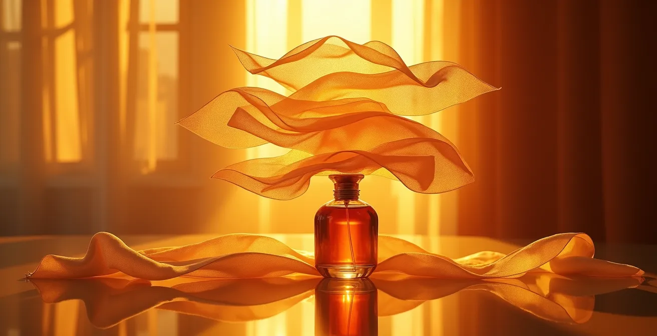 Eine künstlerische Darstellung von Parfum-Layering mit durchscheinenden Stoffschichten und einer Parfumflasche im warmen Abendlicht.
