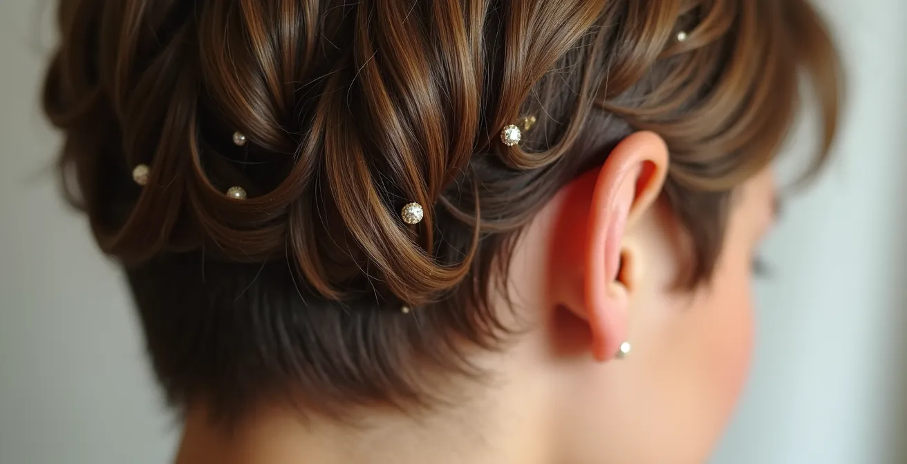 Nahaufnahme von strukturiertem Übergangshaarschnitt mit stilvollen Accessoires