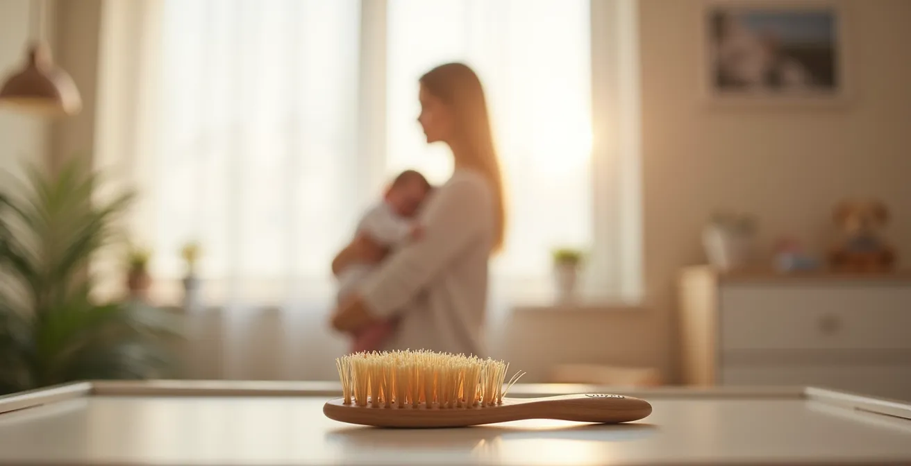 Sanfte Darstellung einer Mutter mit Baby, die ihr Haar pflegt