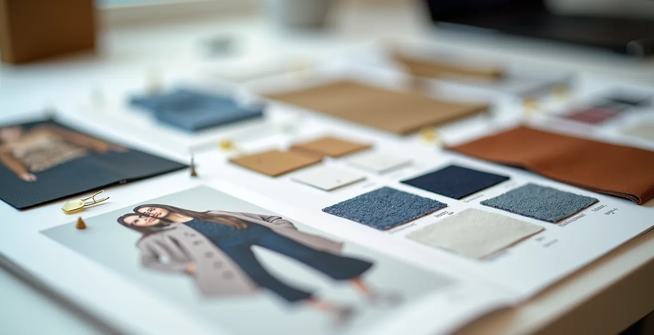 Strukturiertes Moodboard mit Farbpaletten, Stoffmustern und Posing-Referenzen für Modefotografie