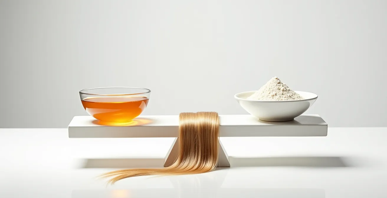 Symbolische Darstellung der Balance zwischen Protein und Feuchtigkeit im Haar