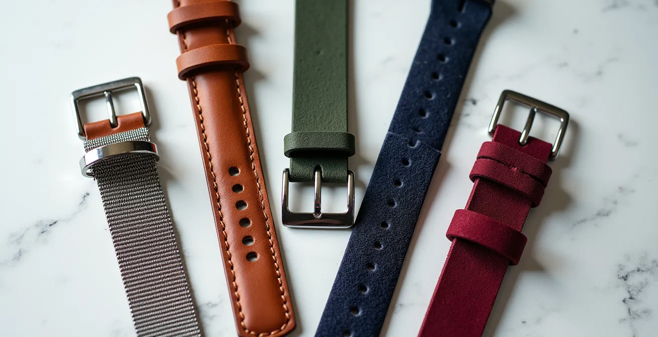 Verschiedene Uhrenarmbänder aus Leder, Stahl und nachhaltigen Materialien elegant arrangiert