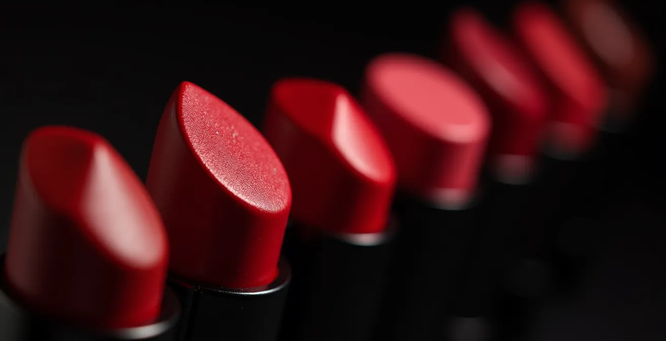 Verschiedene Rottöne von Lippenstiften, von himbeerrot bis ziegelrot, die unterschiedliche psychologische Wirkungen symbolisieren.