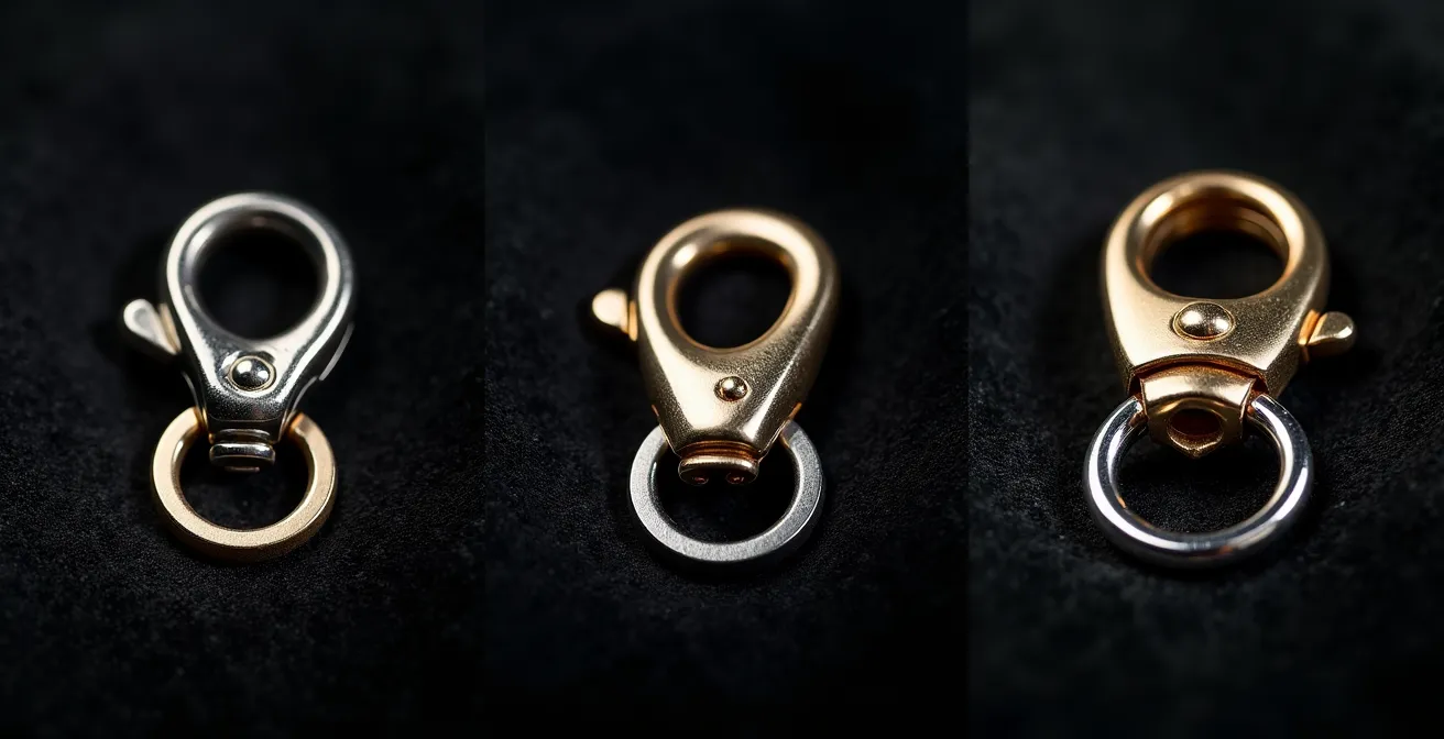 Makroaufnahme verschiedener Schmuckverschlüsse in Gold und Silber