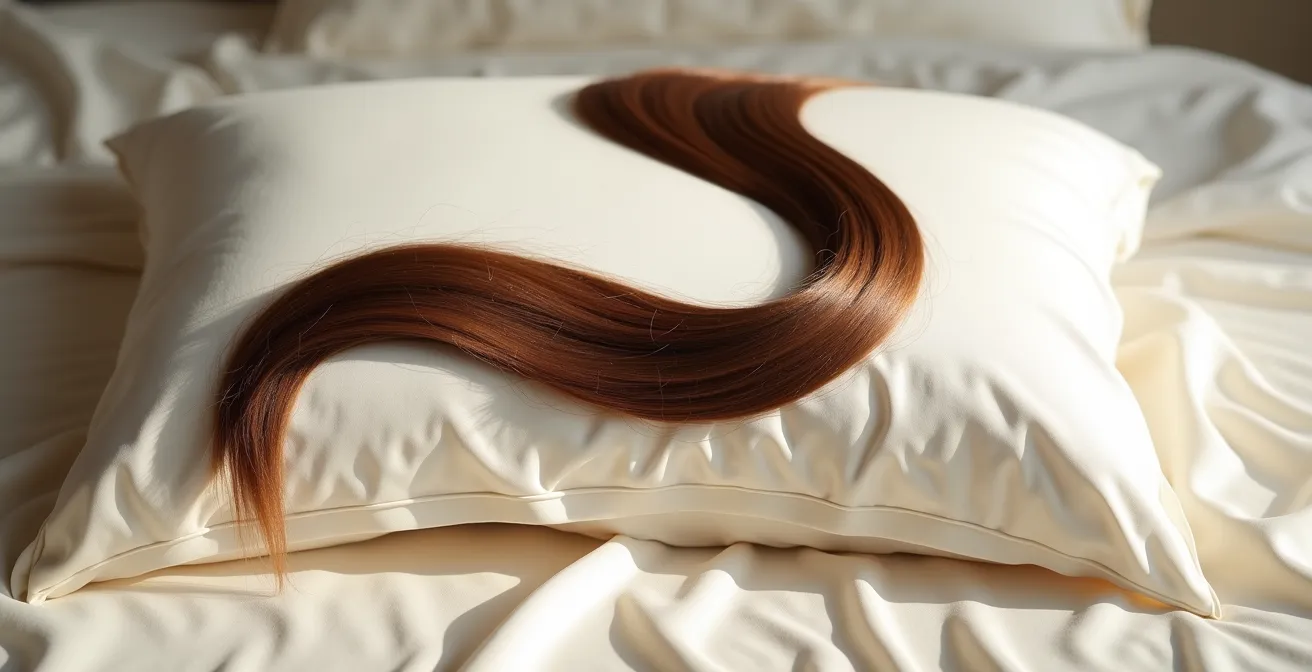Luxuriöser Seidenkissenbezug in sanftem Morgenlicht mit glänzendem Haar
