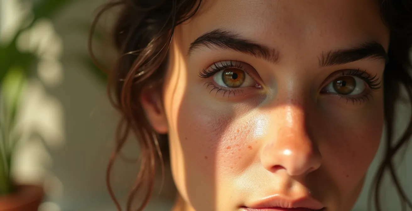 Person betrachtet sich selbstbewusst im Spiegel ohne Make-up