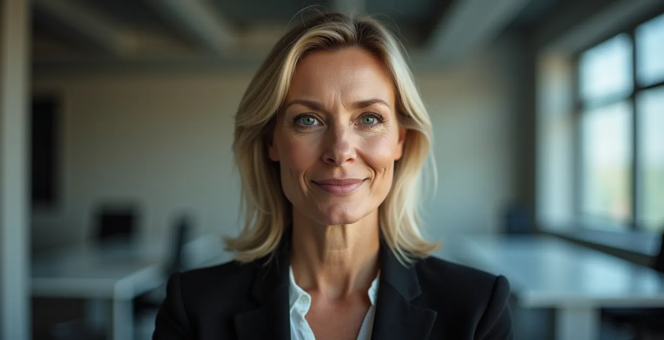 Deutsche Geschäftsfrau mit konsistentem Signature-Look in Meetingsituation