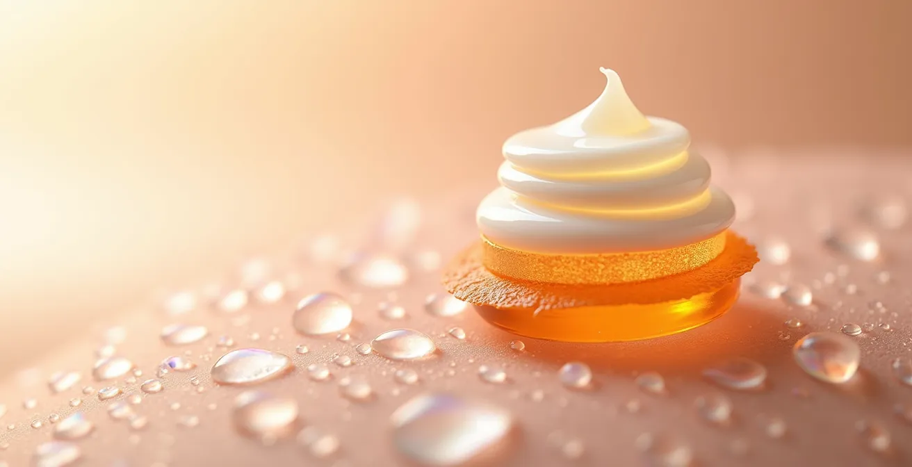 Nahaufnahme der Skincare-Sandwich-Technik mit Schichten von Serum und Primer