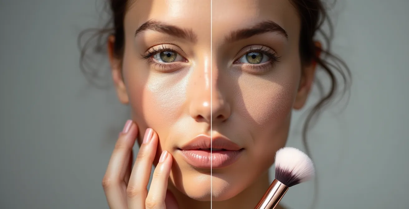 Gesichtshälfte mit Soft-Focus-Effekt im Vergleich zu natürlicher Textur