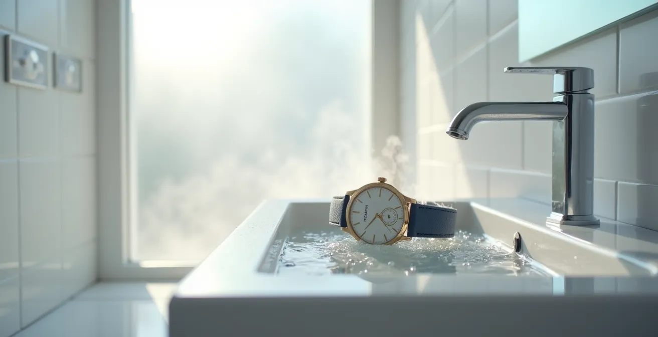 Wassertropfen perlen elegant von Uhrengehäuse ab in Makroaufnahme