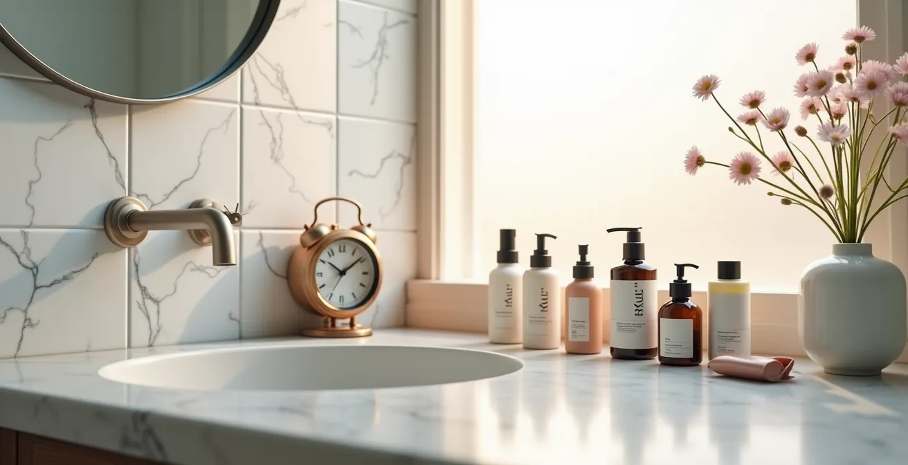 Detailaufnahme von Haarstyling-Produkten und Zeitanzeige im modernen Badezimmer