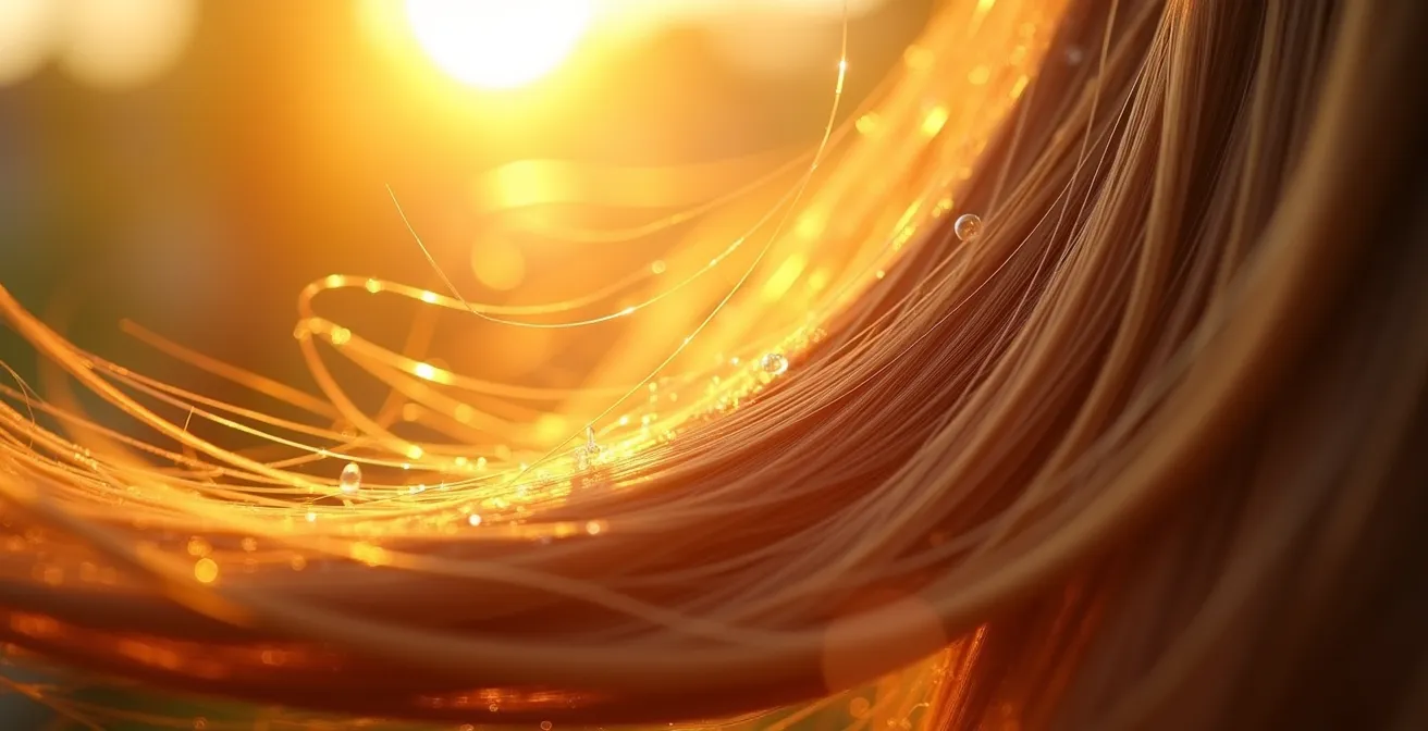 Eine extreme Nahaufnahme von glänzendem Haar, durch das Sonnenstrahlen scheinen, was eine schützende Aura suggeriert.
