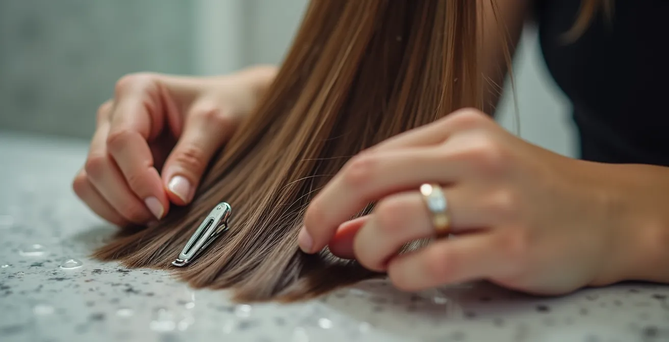 Nahaufnahme der Clip-Technik für Volumen am Haaransatz, bei der eine Metallklammer am Ansatz platziert wird.